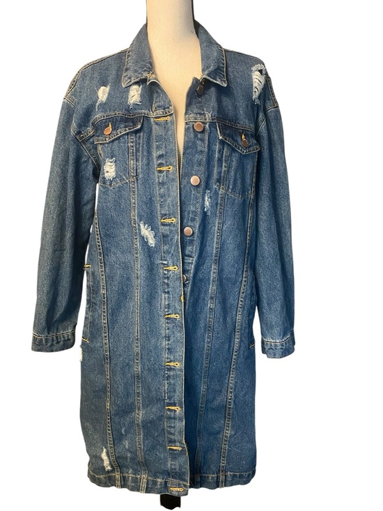 Ashley Vintage Charm Jackets & Blazers - Women’s Long Denim Jacket Distressed Blue size large